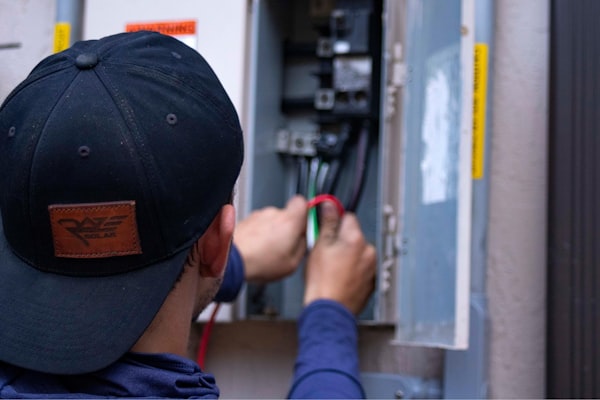 Electrician performing emergency electrical panel repair
